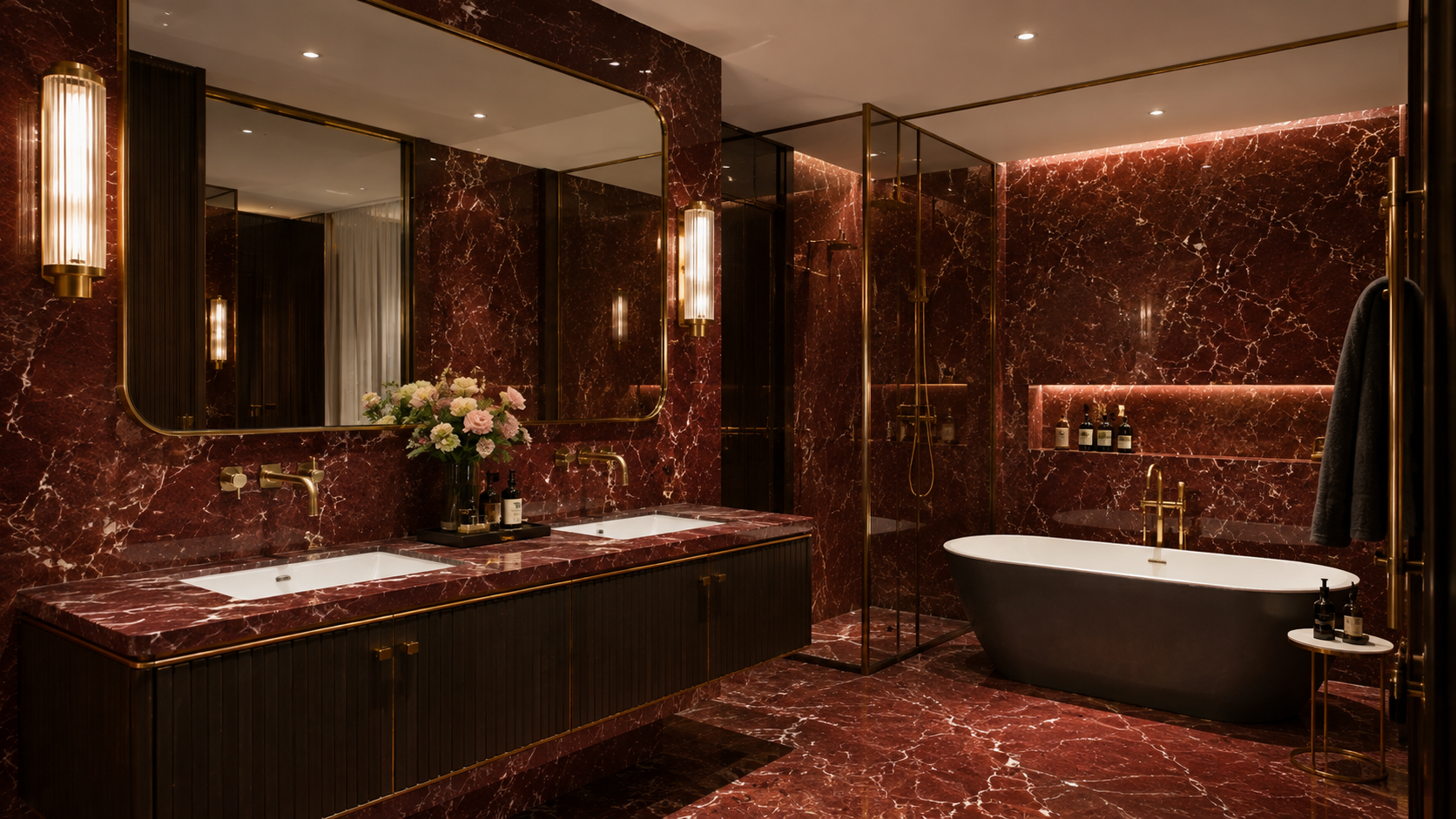 Hotel style luxury bathroom with red marble vanity counter and an oversized frameless mirror
